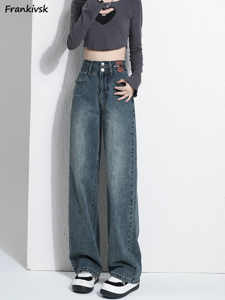 

Wide Leg Jeans Women Korean Style Fashion Leisure Washed High Waist Harajuku Retro Asymmetrical Full Length Summer All-match