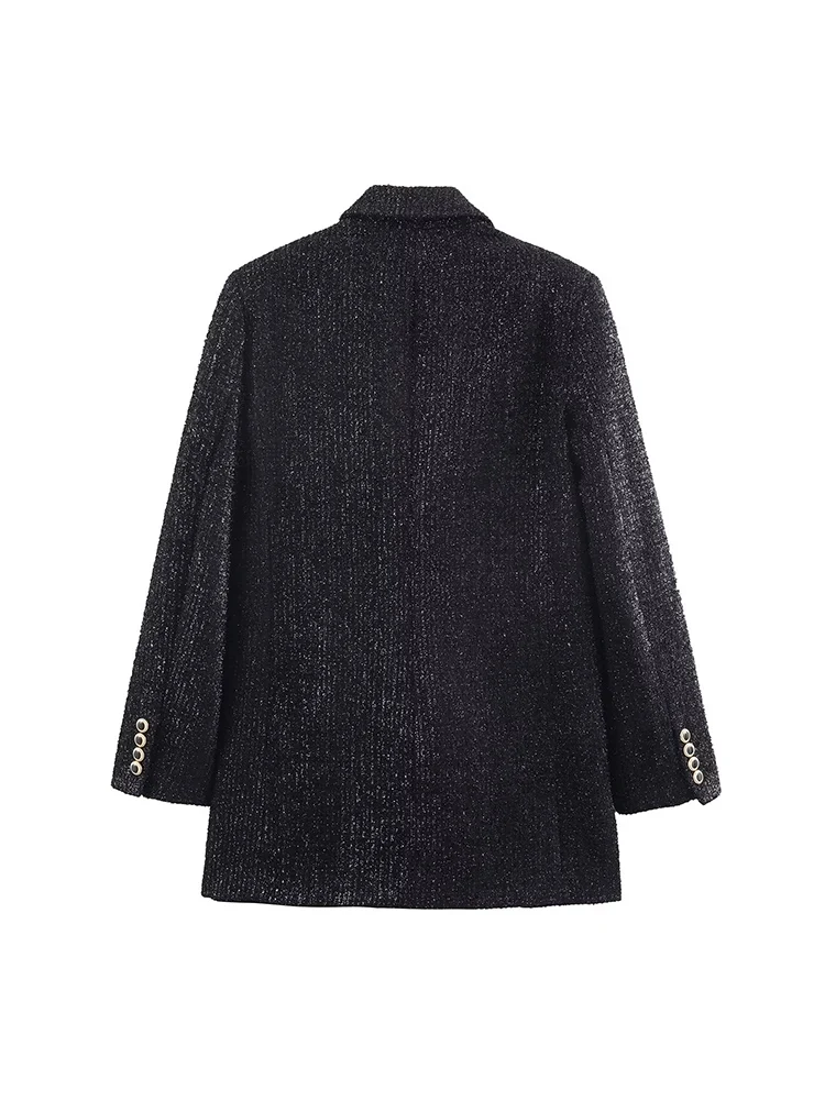 New Fashion Women Bright Silk Tweed Jacket Elegant Black Chic Double Breasted Long Blazer Spring Autumn OL Outerwears Top