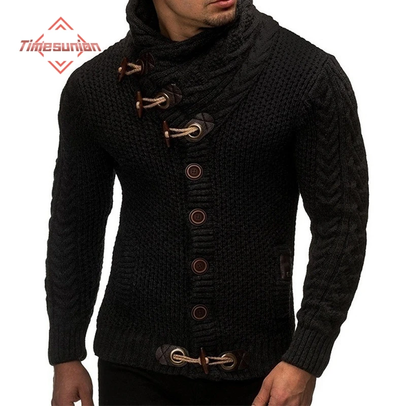 

Autumn Winter Slim Fit Sweaters for Men Horn Buckle Solid Color Long Sleeve Turtleneck Knitted Sweater Jacket Man to Man