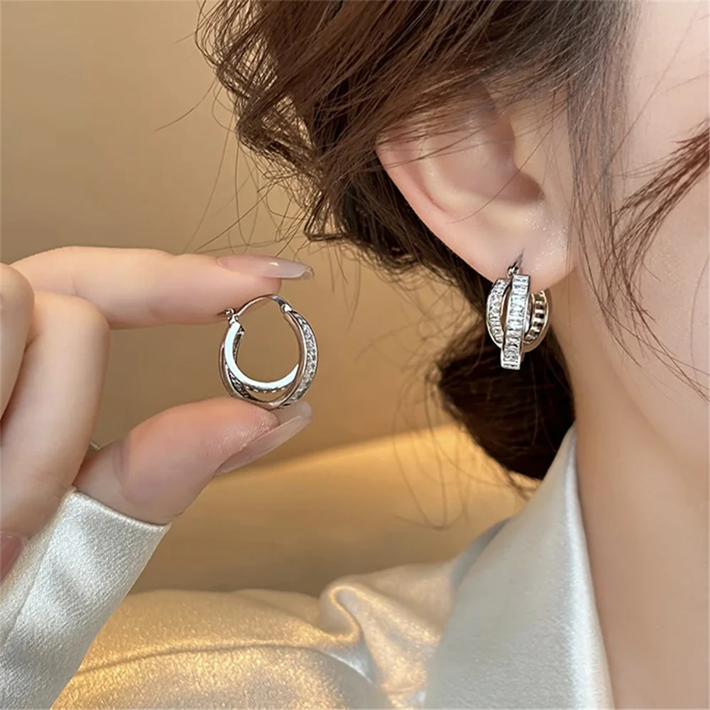 Luxury Female White Zircon Stone Hoop Earrings Vintage Fashion Silver Color Wedding Jewelry For Women