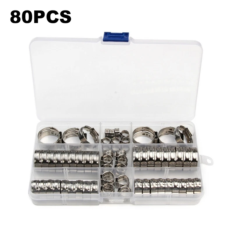 80Pcs/Box Asorted 304 Stainless Steel Single Ear Hose Clamps Cinch Rings Crimp 