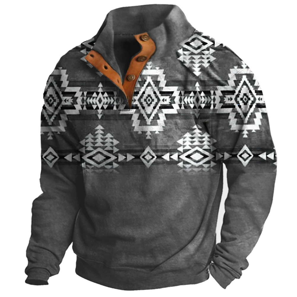 

Casual Men's Button Stand Collar Sweatshirts 3D Graphic Long Sleeve Jumper Activewear Pullover Sweatshirt Tops Man Clothing