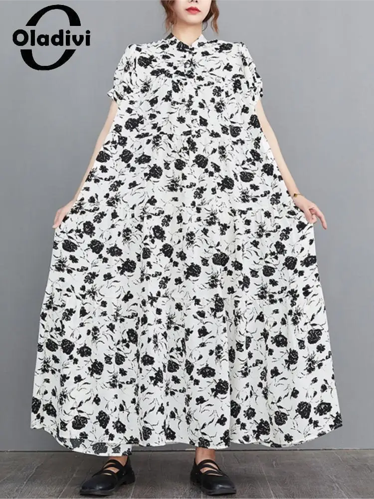 

Oladivi Fashion Print Short Sleeve A-Line Long Dress for Women 2022 Summer New Casual Loose Oversized Dresses Big Size Robe 726