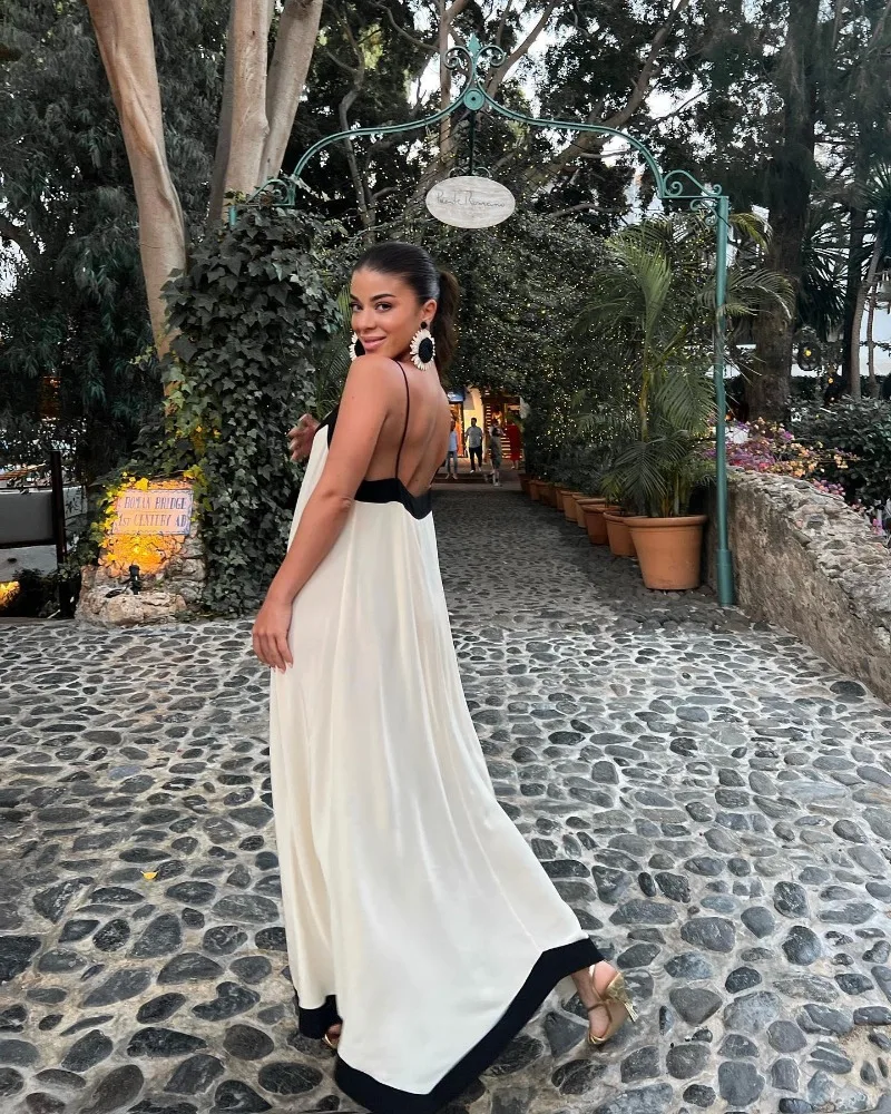V Neck Backless Maxi Dresses For Women Color Block Slim Sexy Sundress Femme Street Fashion Party Temperament Dress Woman