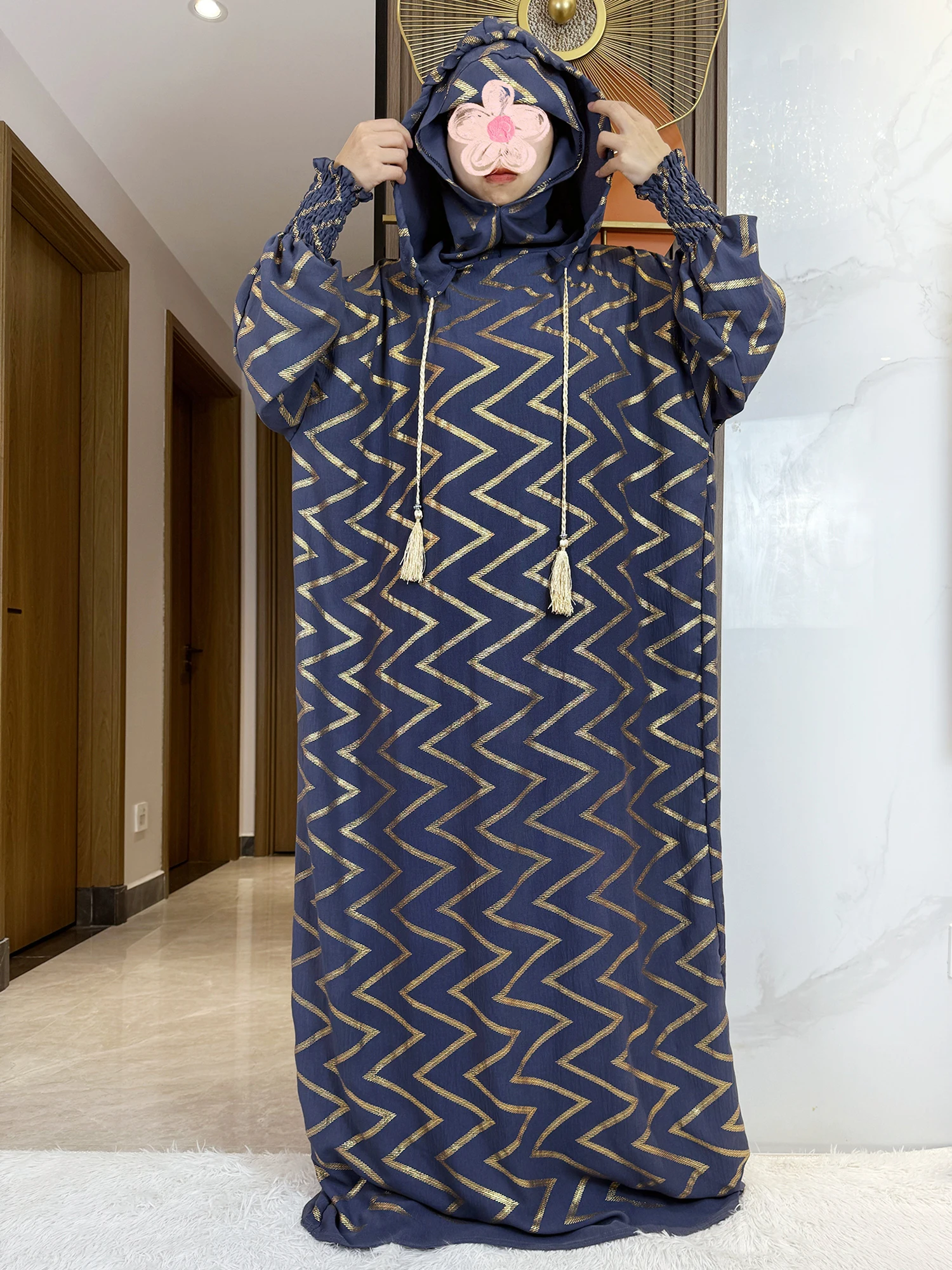 2025 New Cotton Ramadan Muslim Double hat Abaya Dubai Turkey Islam Prayer Clothes Gold Stamp Dress Islam Women Dress Kaftan 6