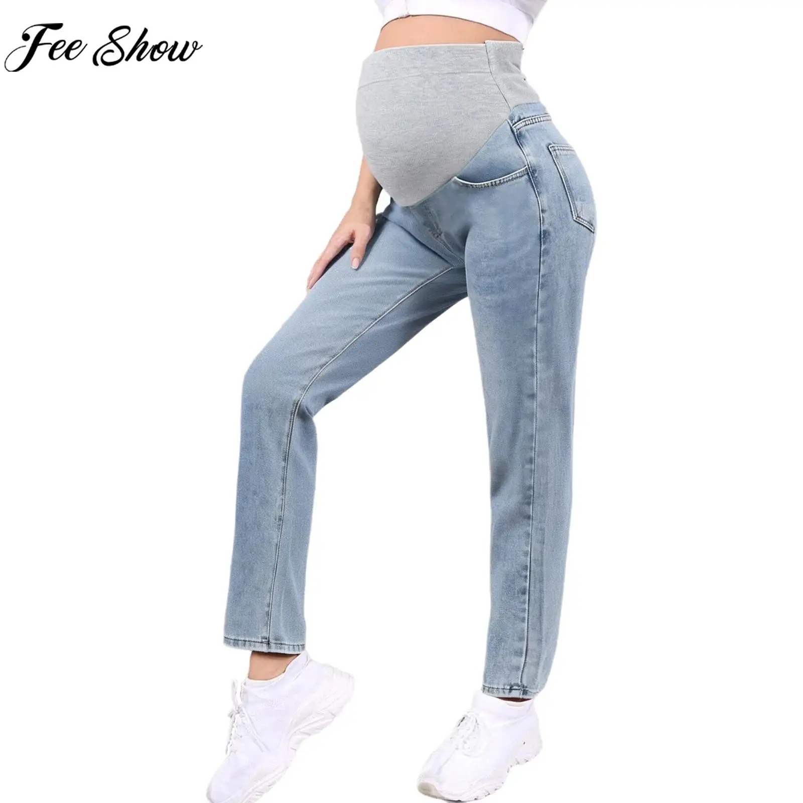 Maternity Fashion Casual Jeans High Waist Support Belly Hip Lifting Denim Pants Loungewear Streetwear Daily Office Work Costume