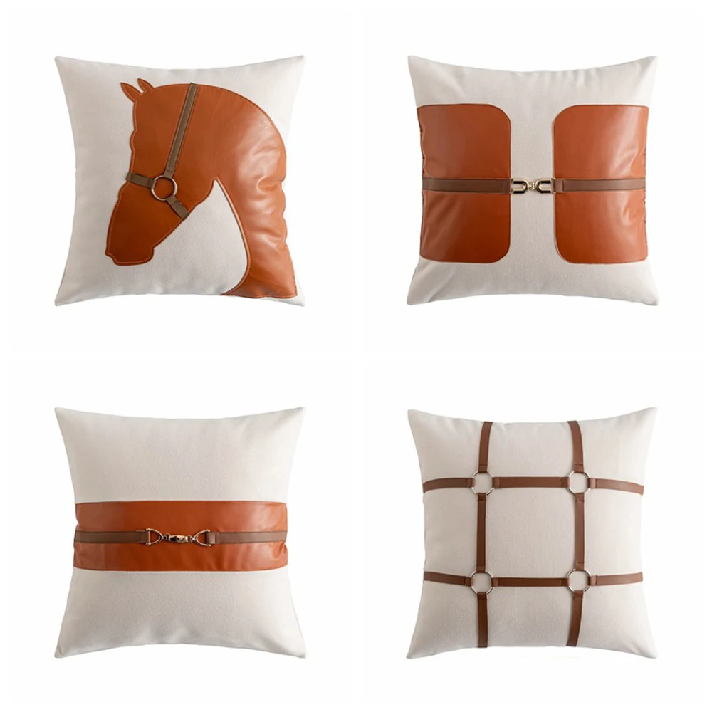 

45X45Cm Simple Orange Horse Cushion Cover Cotton Linen Pu Leather Buckle Waist Pillowcase Throw Pillow Cover For Backrest