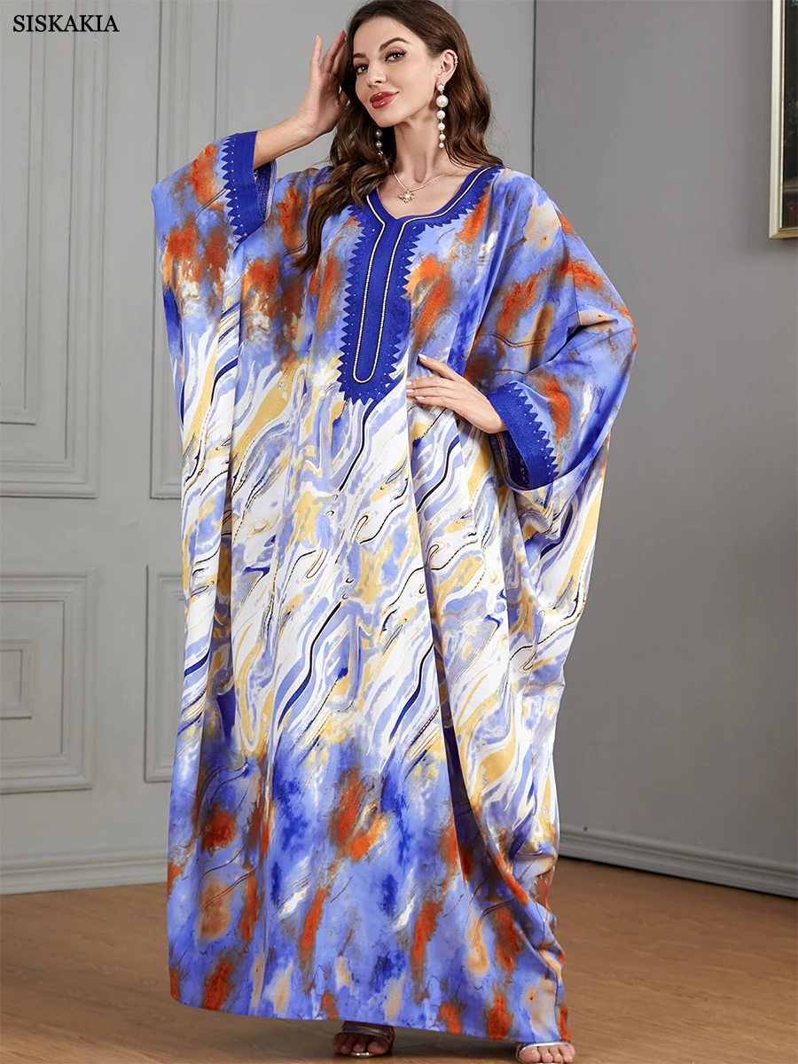 

Siskakia Fashion Tie-dyed Batwing Sleeve Abaya Dress for Women Oversized Tape Trim V Neck Moroccan Dubai Turkey Arab Robe Colour