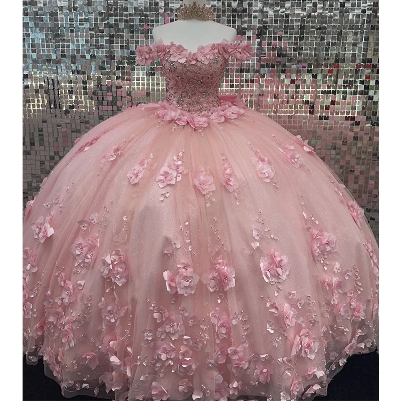 

Pink Princess Flowers Lace Big Bow Quinceanera Dress Ball Gown Off The Shoulder Corset Pageant Sweet 15 Party Vestidos De Años