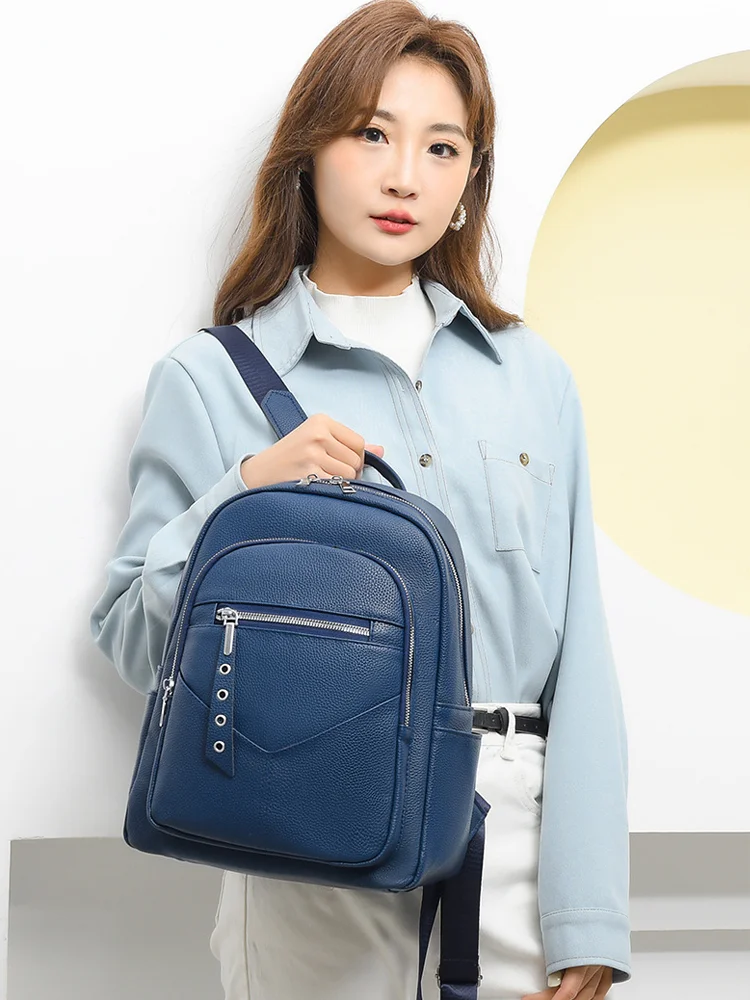 Commuter Backpack Women's New Fresh and Leisure Travel Laptop Backpack Ladies Large Capacity Solid Color Designer PU Leather Bag