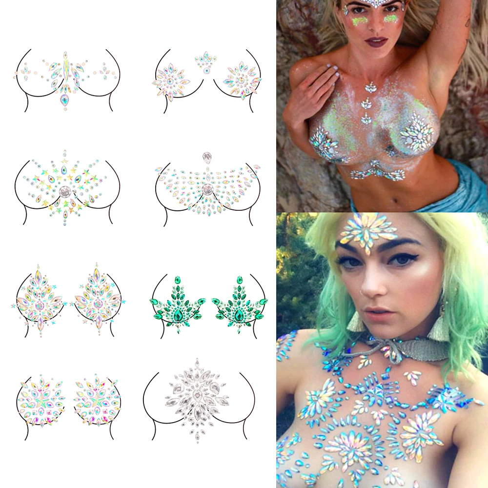 

3D Sexy Face Tattoo Stickers Temporary Tattoos Glitter Fake Tattoo Rhinestones Masquerade for Women Party Breast Jewels Tattoo