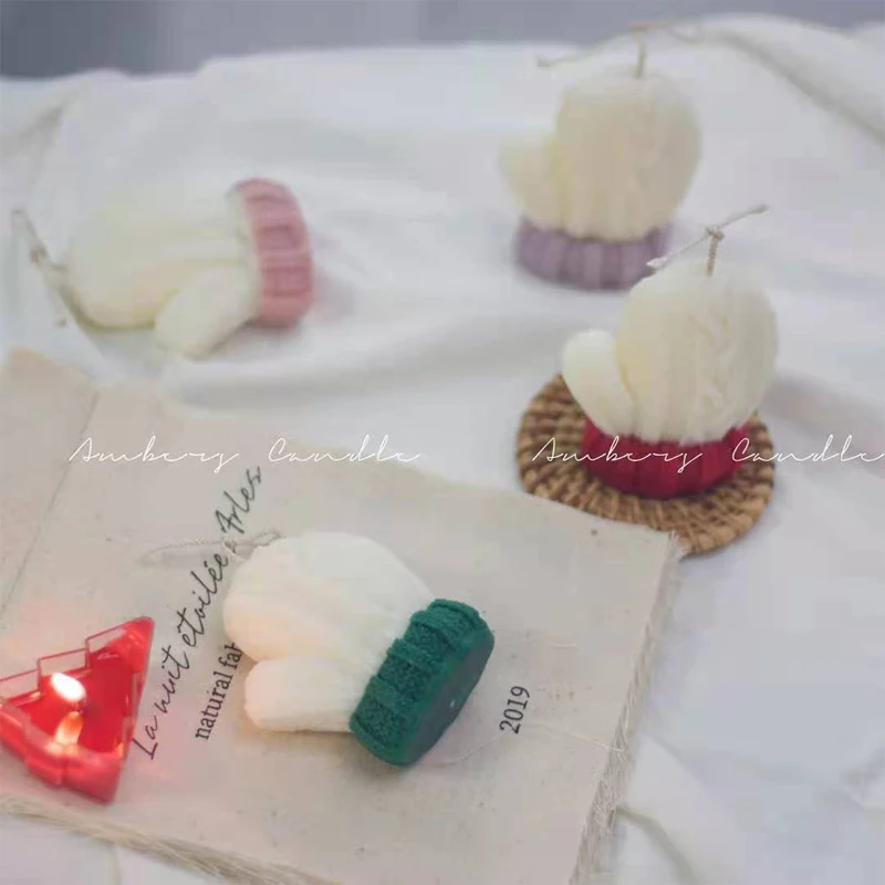 

4 Colors Cute Color Matching Woolen Gloves Scented Candles Soy Wax Christmas Gifts Home Ornament Party Decoration Shooting Props