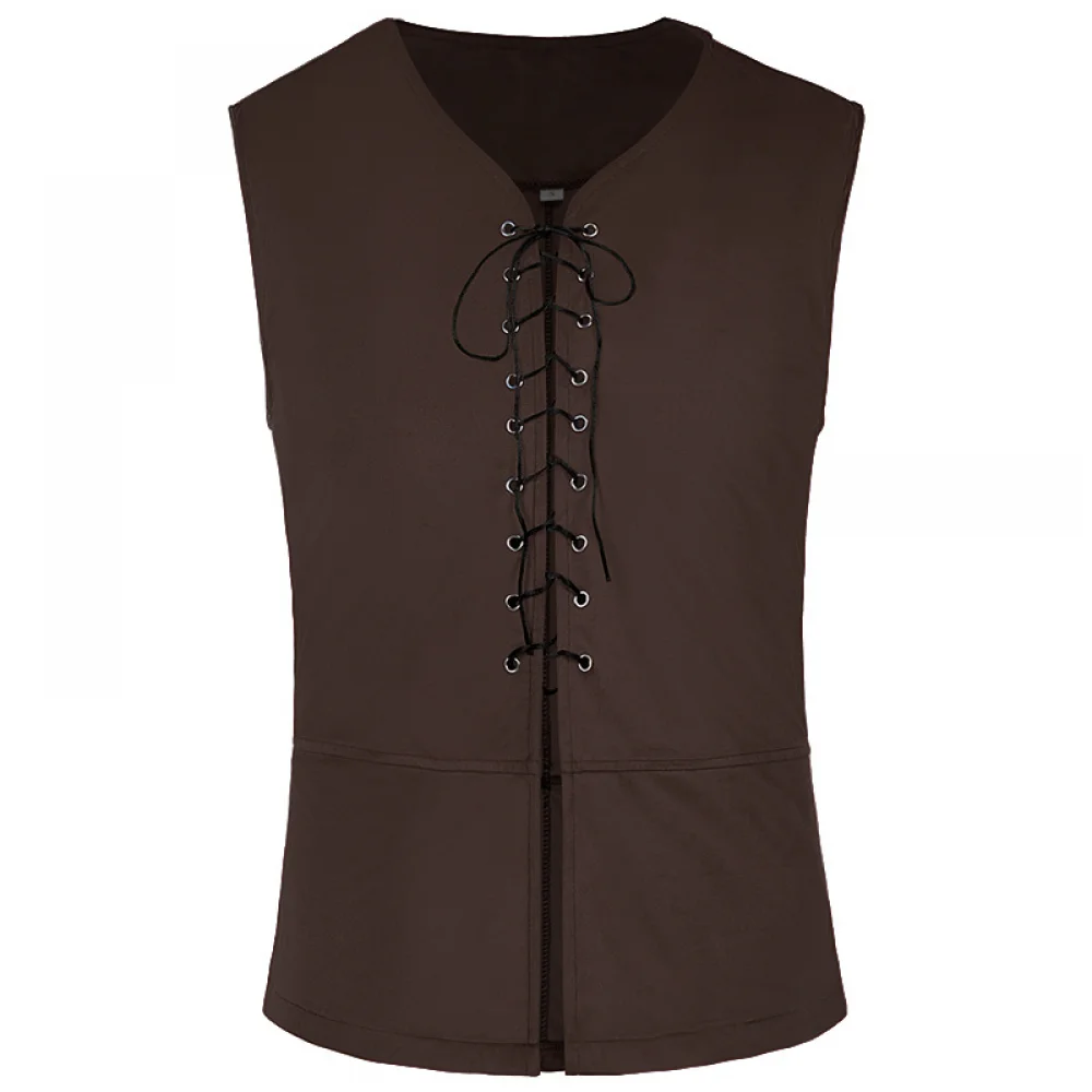 thumbnail image 1 of Disfraz de pirata para hombre, traje de cosplay medieval renacentista, camisa, chaleco, pantalones con banda vikinga, pañuelo para la cabeza con cinturón, traje de Halloween, 6 piezas, 1 of 5