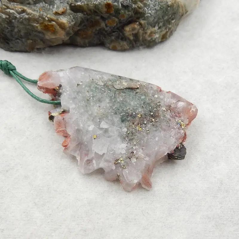 Natural Stone Drusy White Quartz With  Pyrite Gemstone Fashion Necklace Accessories Pendant Bead 45x30x11mm 20g