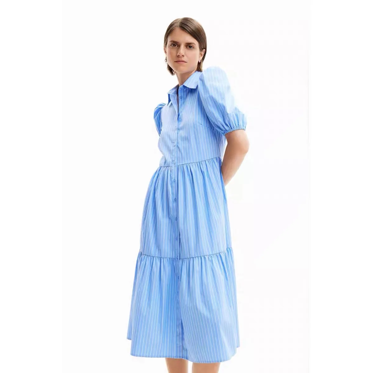 

Original foreign trade order from Spain new summer product, strip short sleeved bubble sleeve long dress style casual