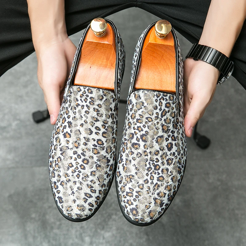 Casual Men's Large Size Business Senior Leather Shoes Leopard Lazy Soybean Shoes Men's Loafers