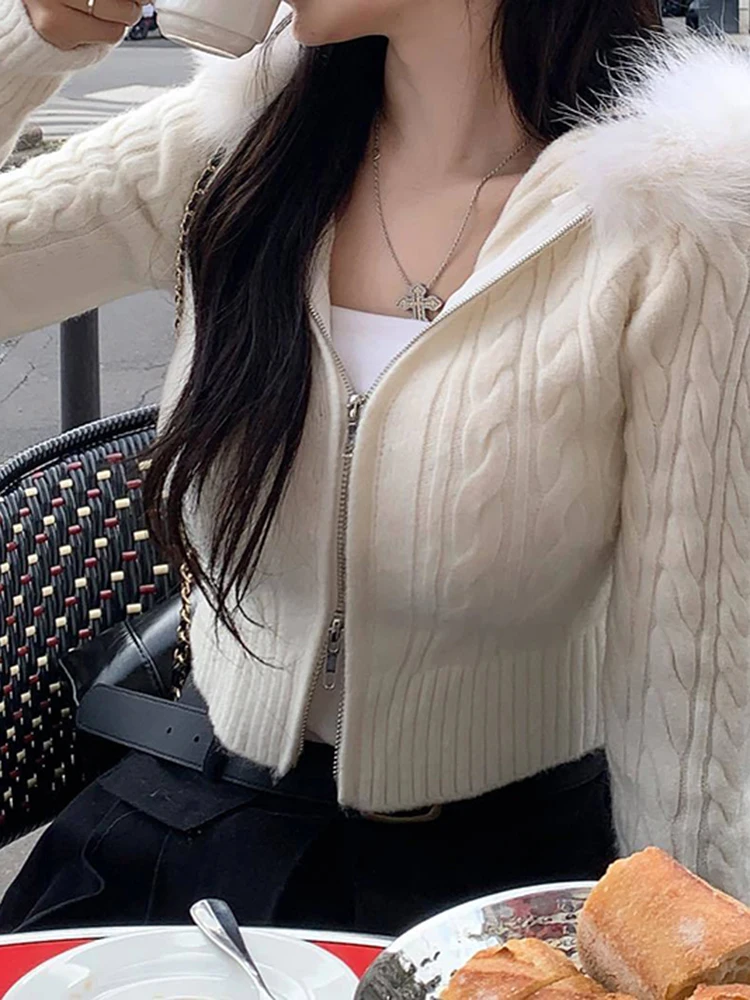 IAMSURE Sweet Furry Trim Hooded Knitted Cropped Cardigans Slim Zipper Long Sleeve Sweaters Women 2023 Autumn Winter Fashion Lady 2