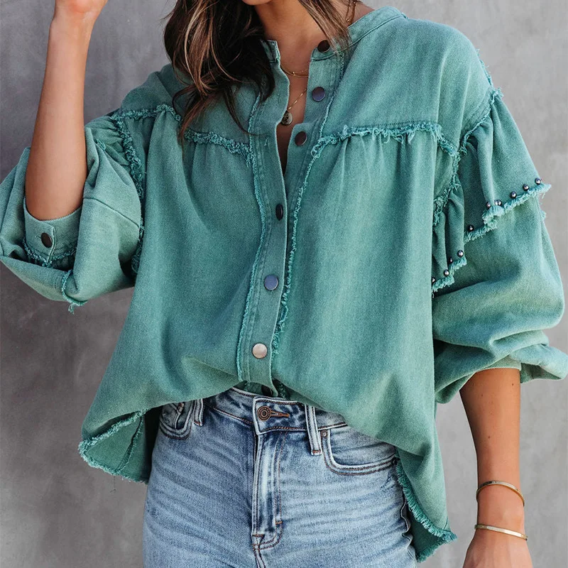 

Street Rivet Lantern Sleeve Ruffled Sleeve Water Wash Raw Edge Color Jean Jacket Female Winter Jacket Women Mujer Shirt Coat