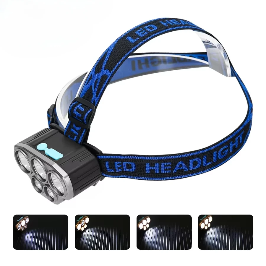 超高輝度 5 LED ヘッドランプ USB 充電式ランプ 内蔵バッテリー付き 屋外防水ランタン 釣り ランニング 緊急用