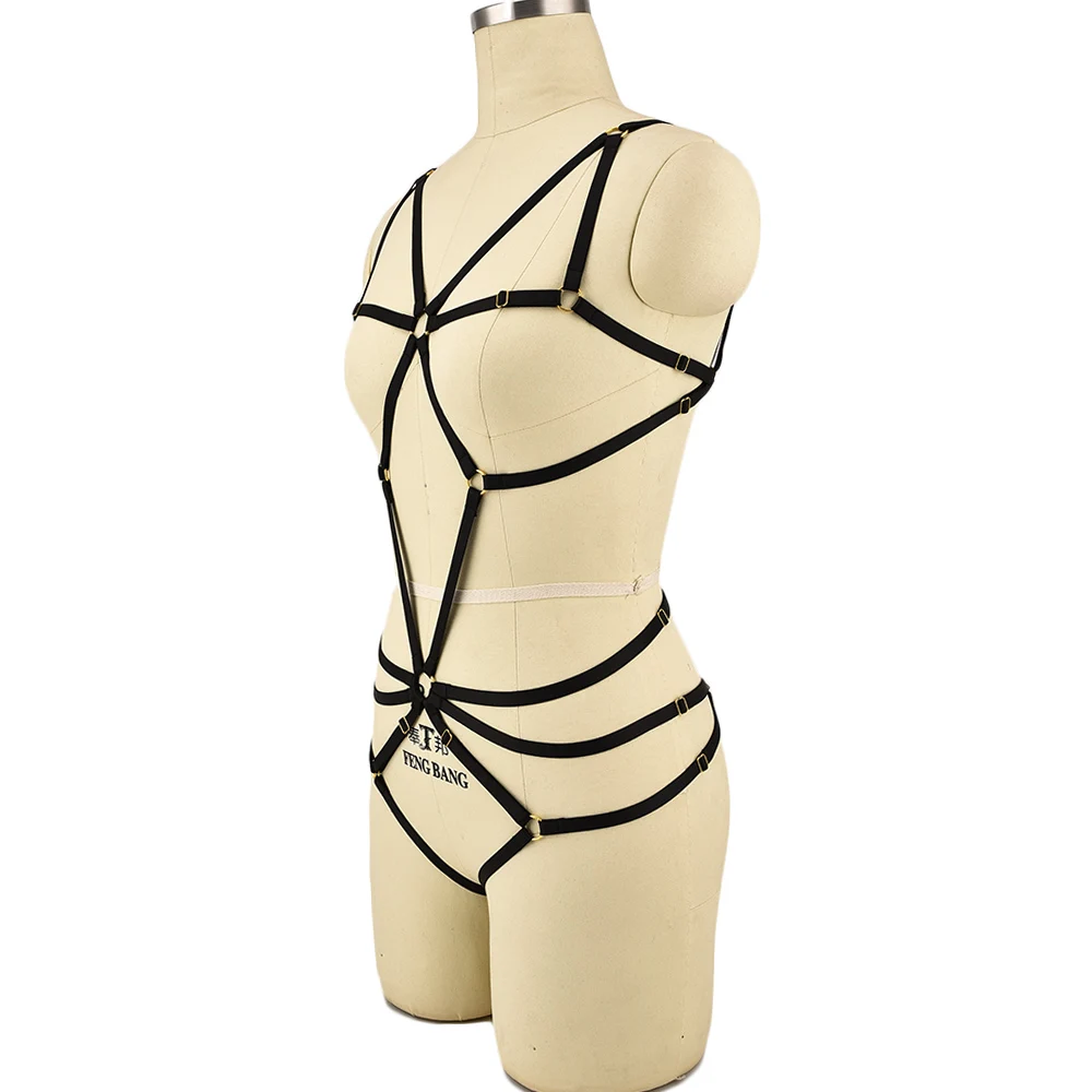 Women Body Harness Bodysuit Fetish Halloween Hollow Bondage Harness Belt Sexy Lingerie Adjustable Body Cage Bra G-String Set