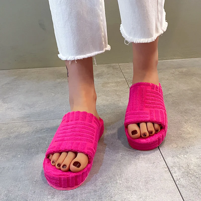 2022 Women New Luxury One-word Thick-soled Warm Furry Women's Shoes Embossed Cotton Drag Outdoor All-match Casual Slippers