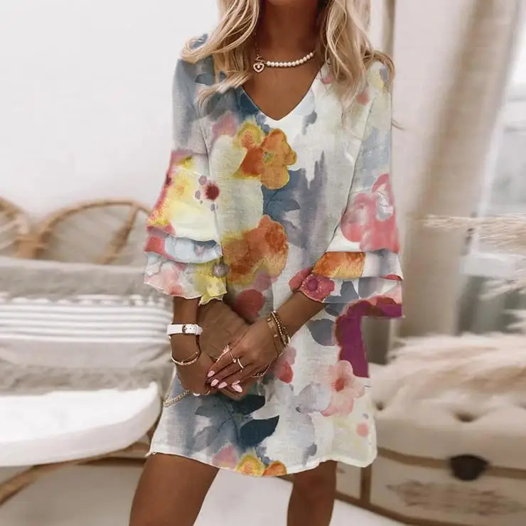 woolen sweater Women Ruffles Mini Dress Summer Fashion Elegant V-Neck Floral Print Patchwork Dresses Loose Pocket Casual Beach Party Vestidos short sleeve cardigan