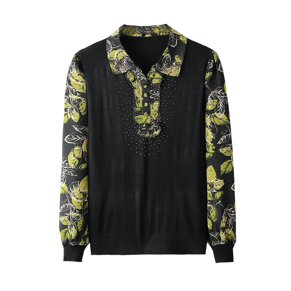 

XJXKS Lapel Long-sleeved Women's Thin Jumper 2023 Spring And Autumn New Loose Oversize Wool Knit Splicing Chiffon Pullover