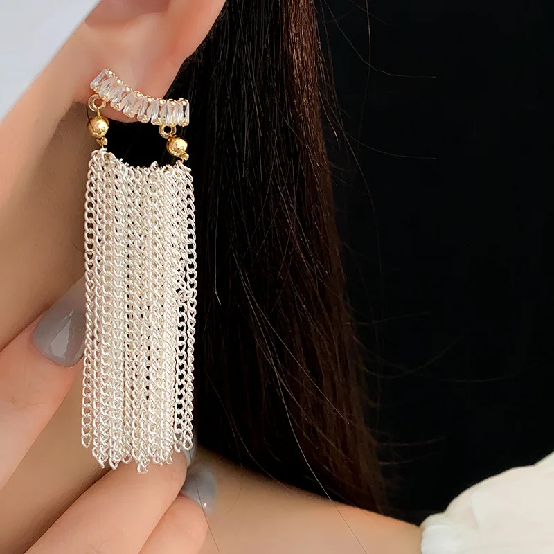 Bilincolor Square Zircon Chain Tassel Earrings