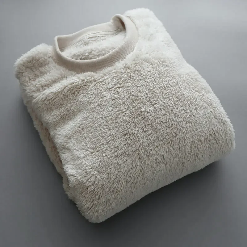 2024 Men's Round Neck Pullover Sweatshirt Plain Soft Plush Thermal Tops Double-sided Coral Velvet Home Wear Outside Sweatshirts