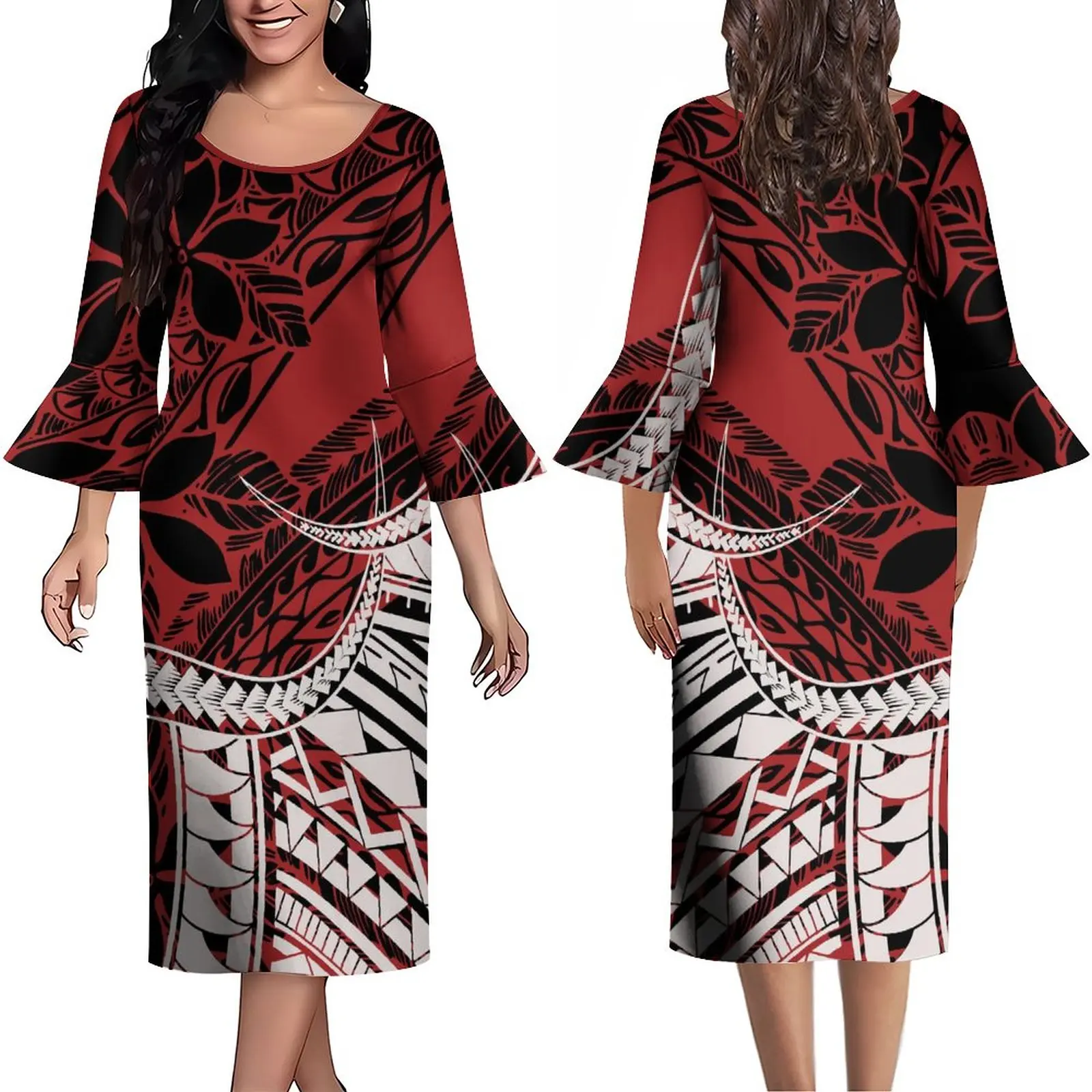 

Summer Long Sleeve Comfortable Breathable Long Dress Vintage Print Dress Polynesian Tribal Design Custom Tailored Women Slim Dre