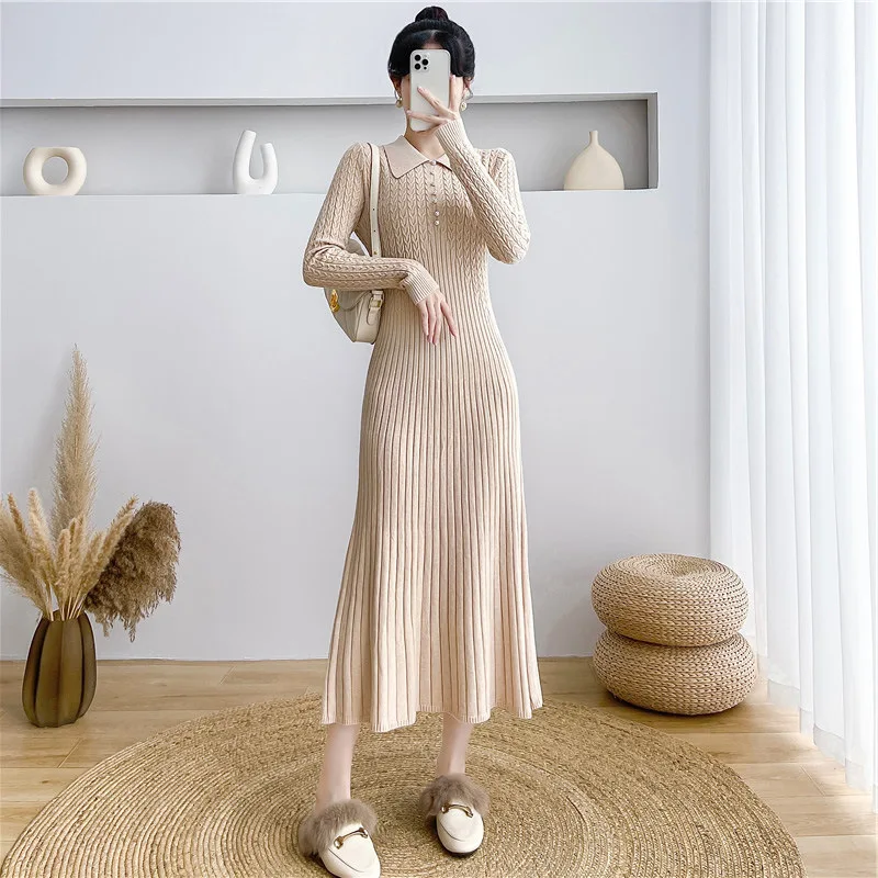 Ribbed Autumn Knit Long Dress For Women Fashion High Waist Elegant Solid Long Sleeve Dress Lapel Loose Knitwear Maxi Dress