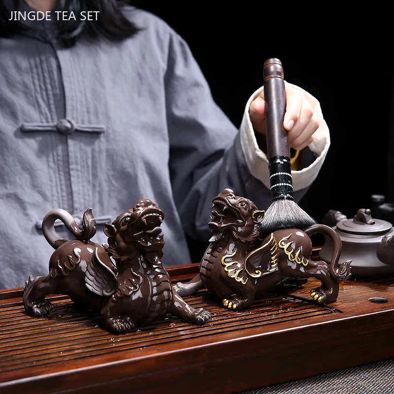Purple Clay Pixiu Tea Pet Hand-traced Gold Animal Model Ornaments Office Home Tea Accessories Feng Shui Fortune Decoration