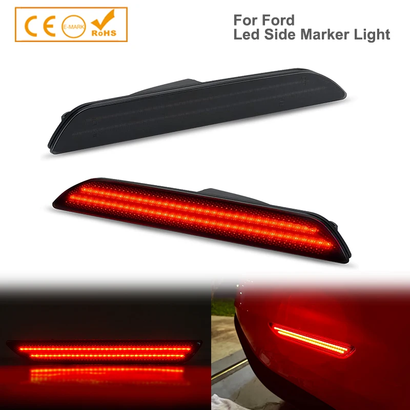 

Smoked Black Lens Rear Bumper Brilliant Red LED Side Marker Lights Turn Signal Lamp 1 Pair For 2015-2023 Ford Mustang