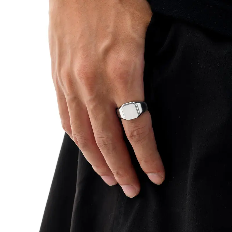 Silver Color Square Signet Ring for Men Women,Brushed