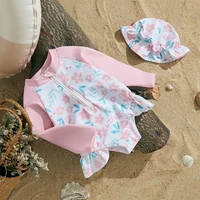 MISOWMNJOY Floral Print Kids Baby Girls Swimsuits Summer Kids Beachwear Long Sleeve Ruffle Bathing Suit Infant Swimwear with Cap 1