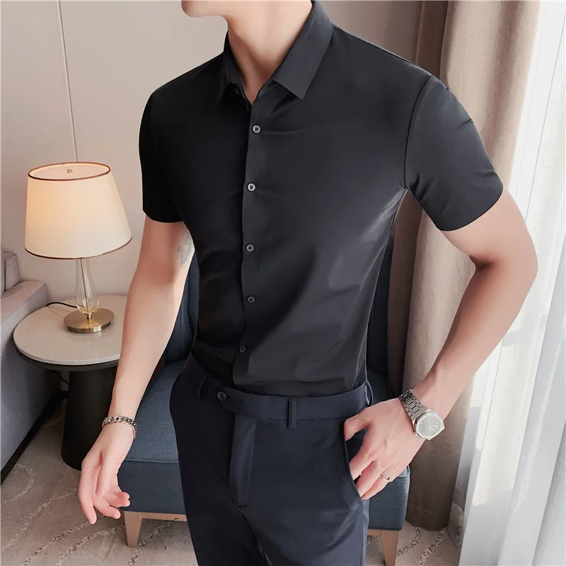   Summer seamless elastic Korean style light business men's short-sleeved shirt silk vertical sense no-iron casual men's clothing 