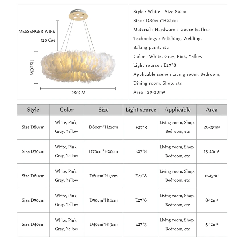 Nordic LED Chandelier Goose Feather Pendant Light Living Dining Room Bedroom Parlor Hall Home Decor