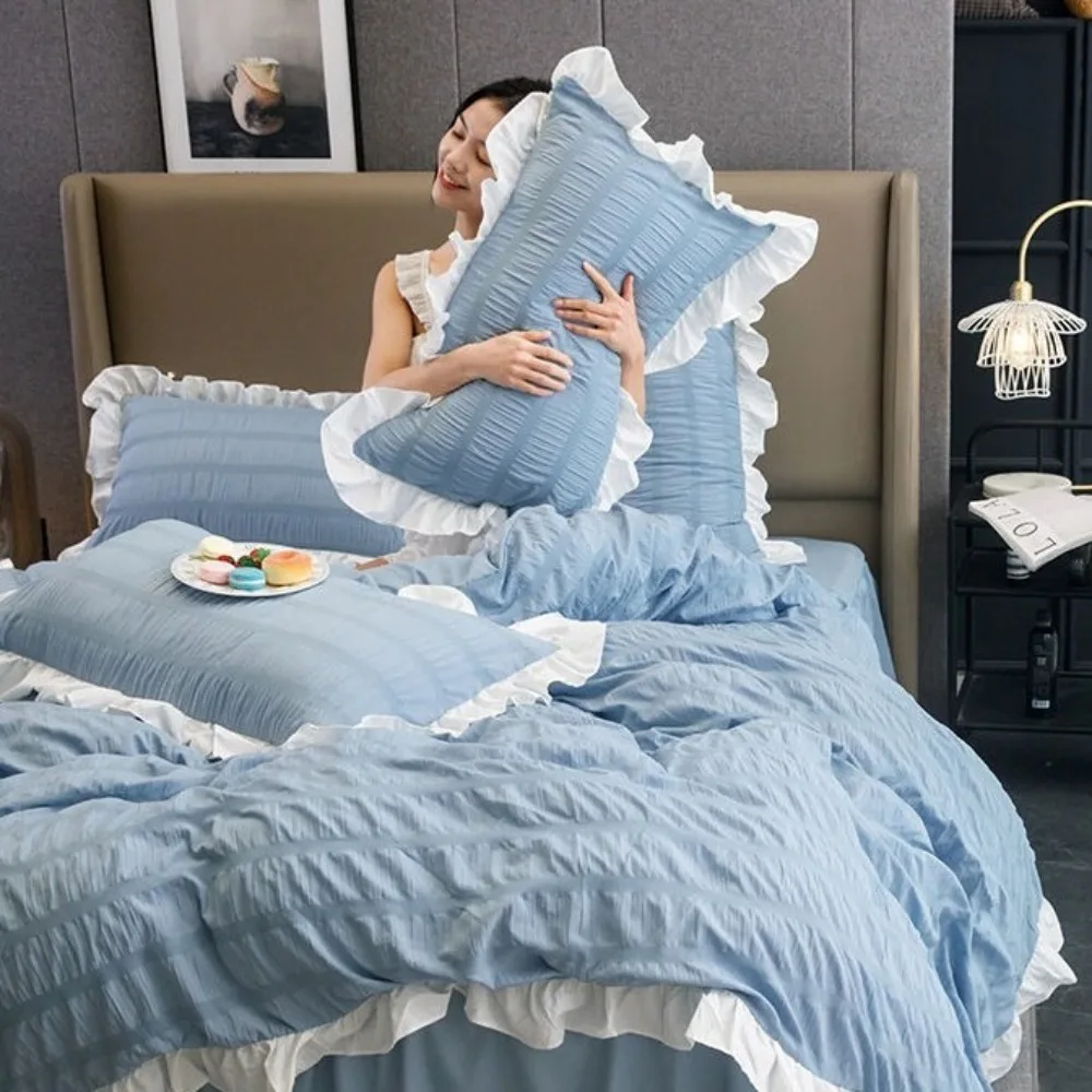 2PCS Home Textile Candy Color Ruffle Pillow Case Soft Decorative Princess Pillowcase Comfortable Washable Bedding Cover Bedroom