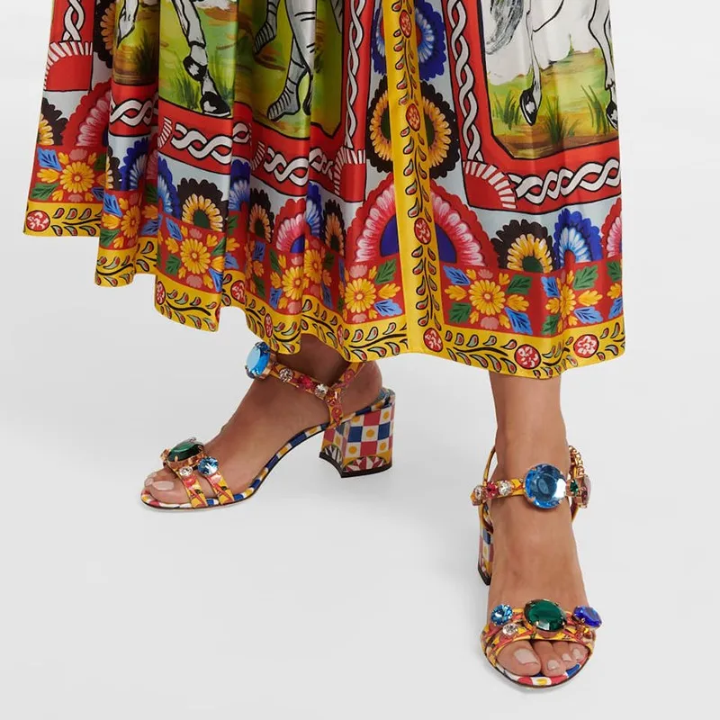 

Mixed Color Rhinestone Bohemia Style Sandals Women Peep Toe Buckle Strap Ankle Strap Sandals Lady Chunky Heels Gladiator Sandals