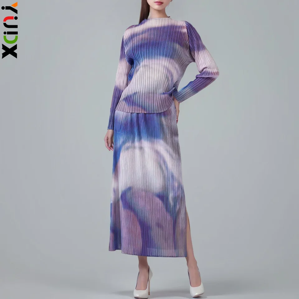 

Костюм YUDX Miyake Женский, стильный топ окрашенный в светлый цвет, плиссированная прямая юбка-труба с эластичным поясом, комплект из двух предметов