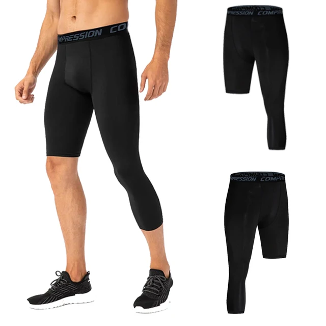 Men Compression Base Layer Running Tight Shorts Sport 3/4 Cropped Pant Leggings Gym Basketball Fitness Exercise Cycling Trousers