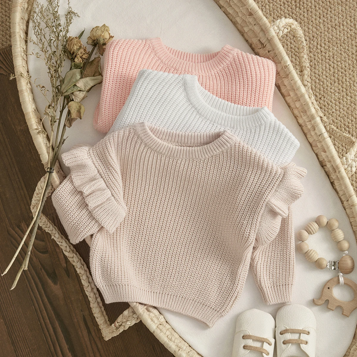 Baby Girls Sweater ma&baby 0-3Y Toddler Infant Newborn Baby Girl Sweaters Cute Ruffle Long Sleeve Solid Color Knit Pullover Fall Winter Loose Tops