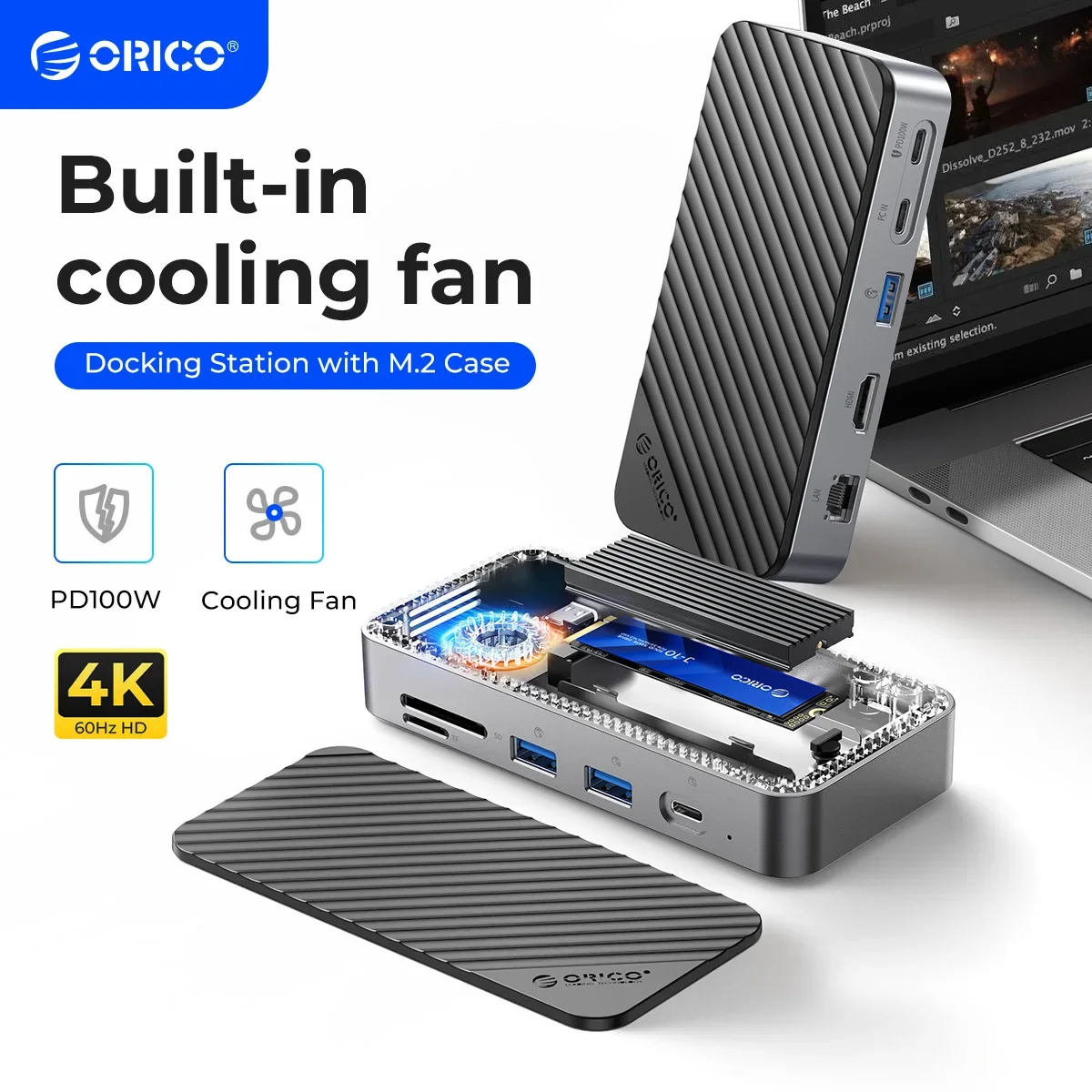 ORICO-USB C HUB com ventilador de refrigeração, gabinete externo, estação de ancoragem, 10Gbps, 4K, 60Hz, HDMI-Com, RJ45, SD, TF, M.2 NVMe