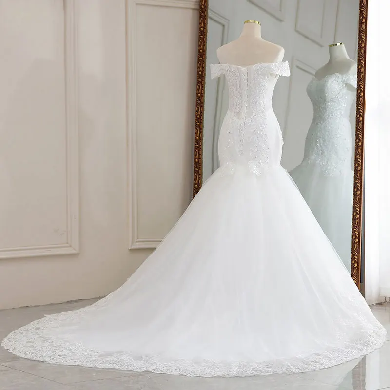 Customized Mermaid Women Wedding Dresses Off Shoulder V Neck Appliques Bridal Gowns Court Train Vestido De Noiva robe de mariée 4