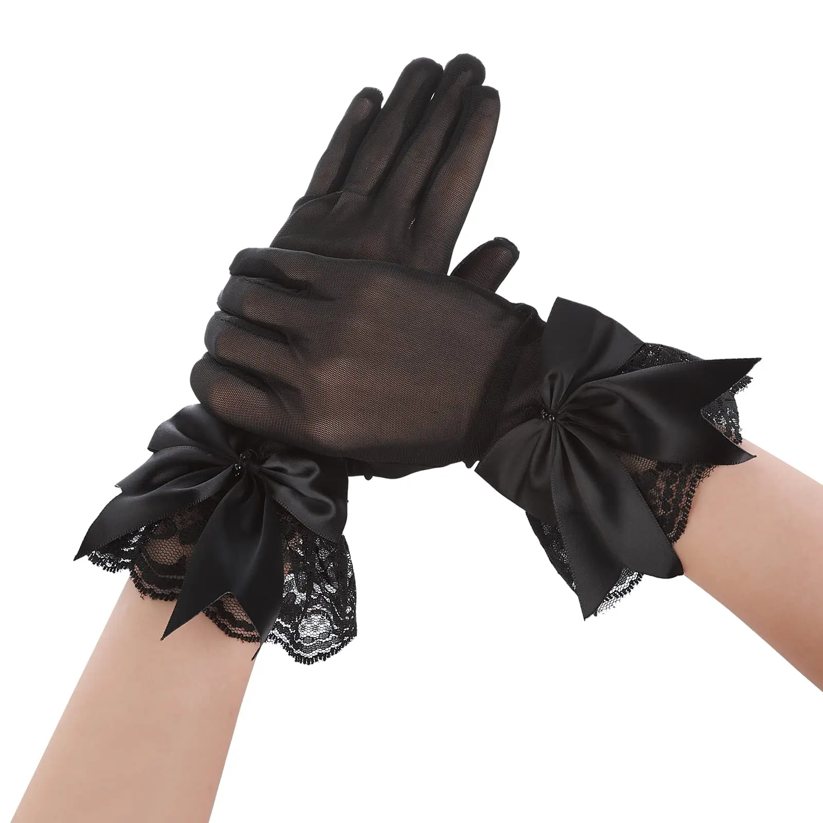 Women Party Bow Lace Gloves Floral for Bridal Elegant Short Tea Dinner Funeral