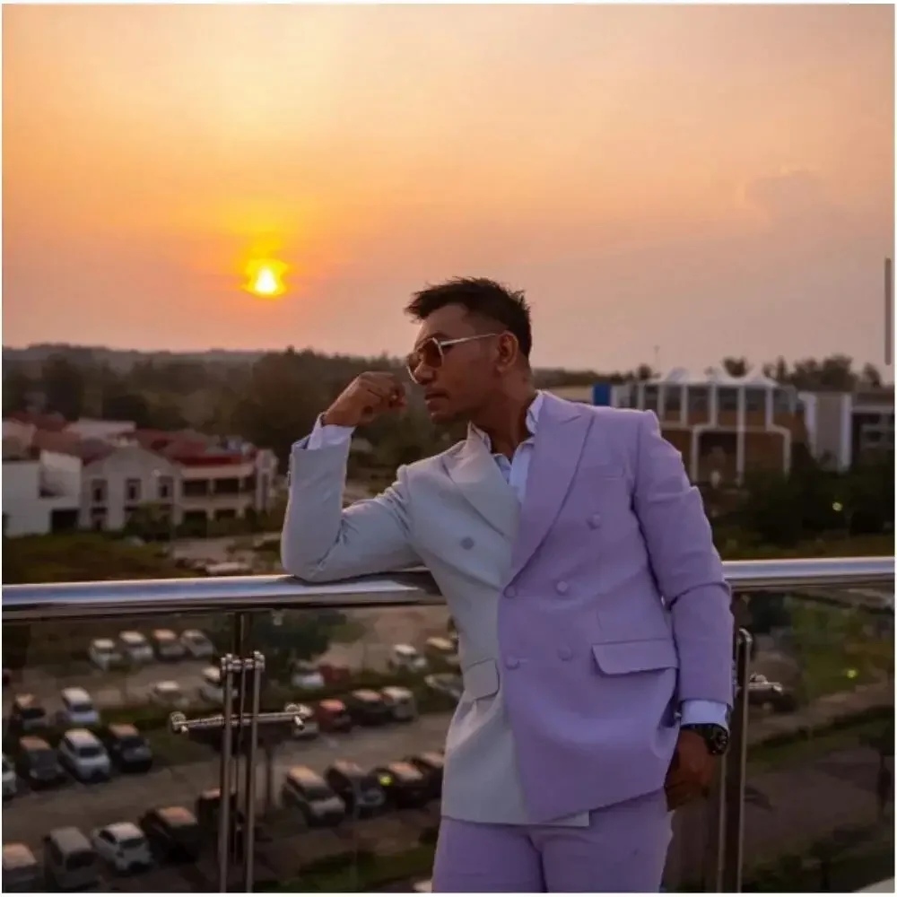 

Новейший мужской костюм в стиле пэчворк, двубортный, на заказ, Мужская одежда, Свадебный костюм для жениха, приталенный силуэт, 2 шт., Блейзер, куртка + брюки