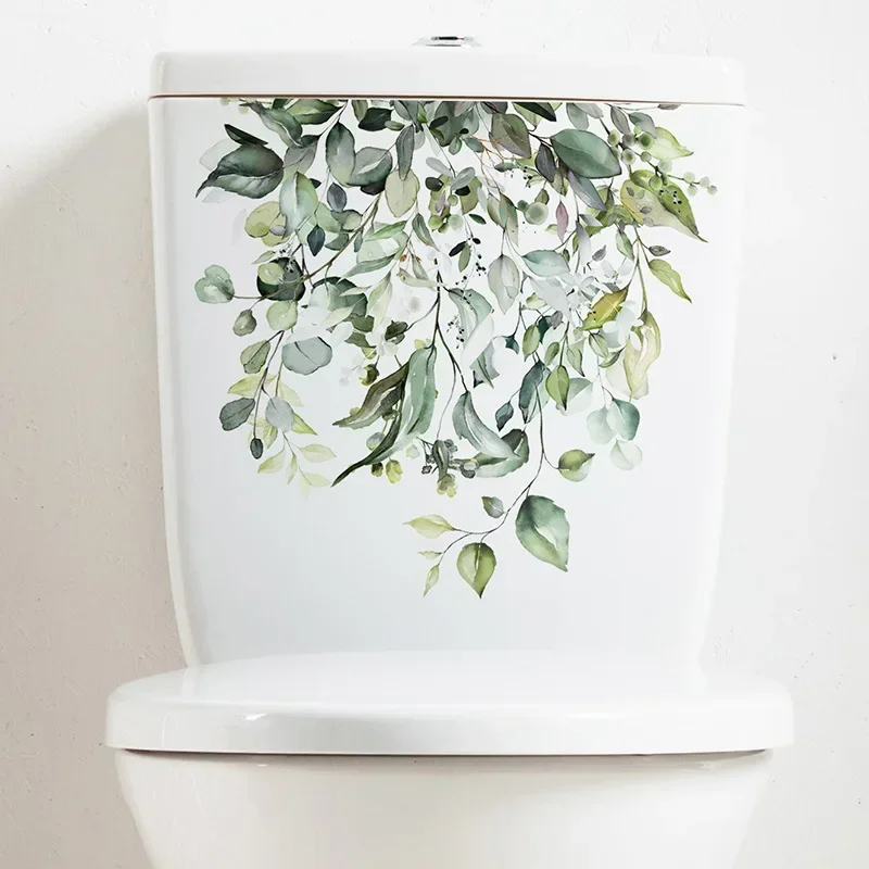 Fresh Green Plant Leaves Bathroom Toilet Stickers Decorative Beautify Home Remodeling Wall Stickers Self-adhesive Decals