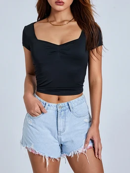 Women T-shirt Low-cut Short Sleeve Pleated Solid Fit Summer Tops for Casual Daily 5