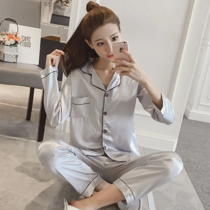 Autumn Winter Women’s Ice Silk Pajama Set Long Sleeve Cardigan 21