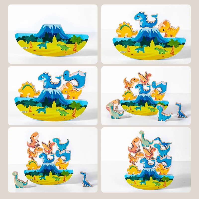 Wooden Animal Dinosaur Building Stacking High Balance Blocks Montessori Toy for Kids Cartoon Jigsaw Puzzle Educational Gifts